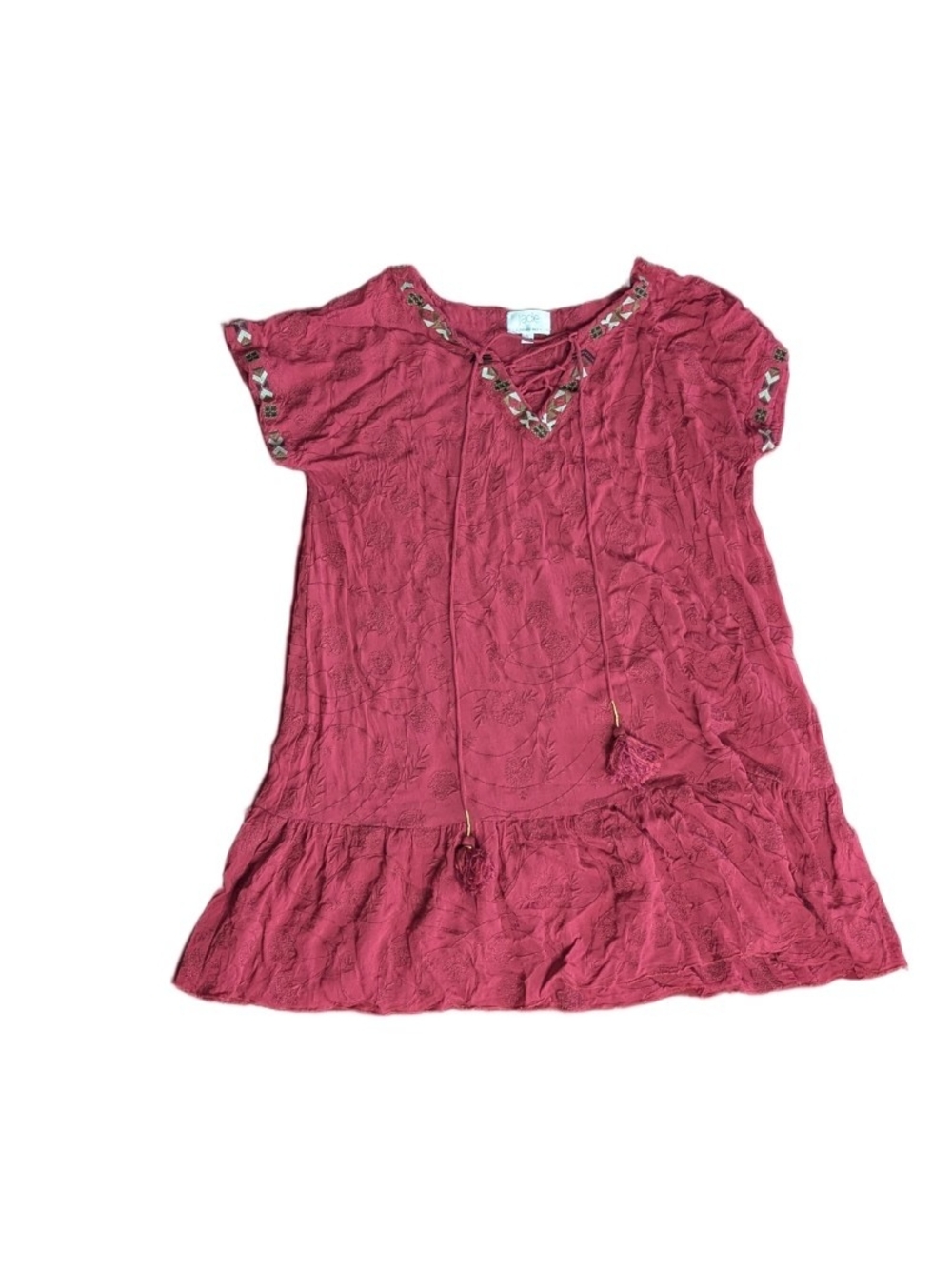 Johnny Was Jade Berry Red Embroidered Sheer Mini Dress Unlined Size Large